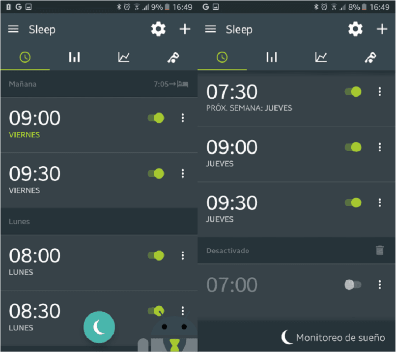 widzimy wewnętrzną część aplikacji do snu, w której wyświetlane są alarmy i monitorowanie snu
