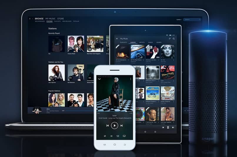 Amazon Music Unlimited Service z alexą i różnymi urządzeniami