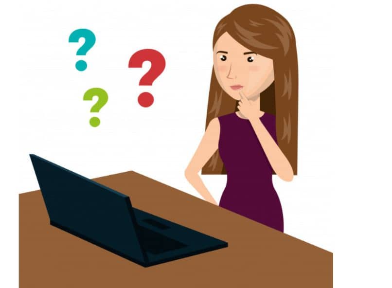 laptop tabeli brązowy rysunek kobieta znak zapytania białe tło