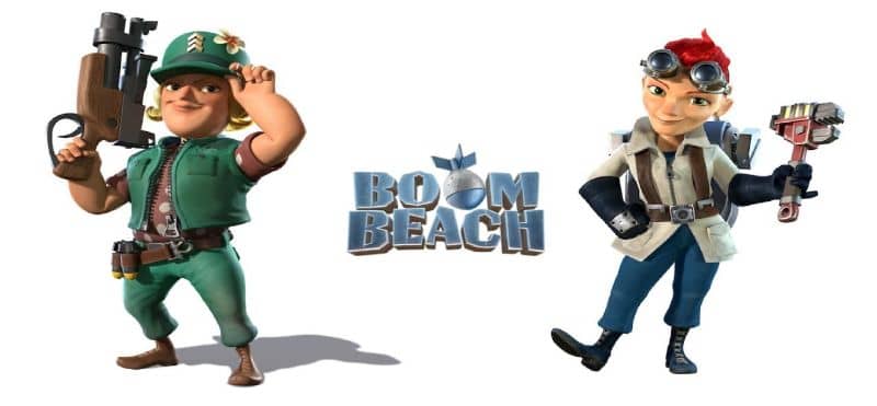 dwie postacie na plaży z boomem i logo gry na środku