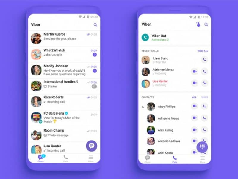 Telefon komórkowy z wiadomościami aplikacji Viber w liliowym tle