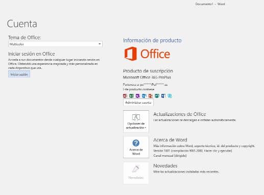 Okno konta Microsoft Office 365