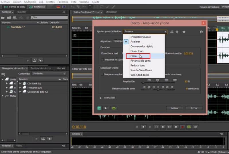 Menu efektów głosowych z Adobe Audition CC