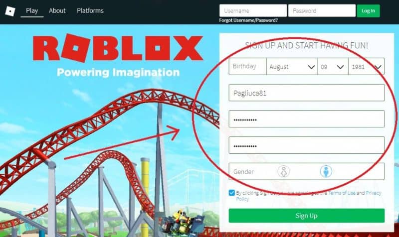 Ekran rejestracji roblox na oficjalnej stronie internetowej