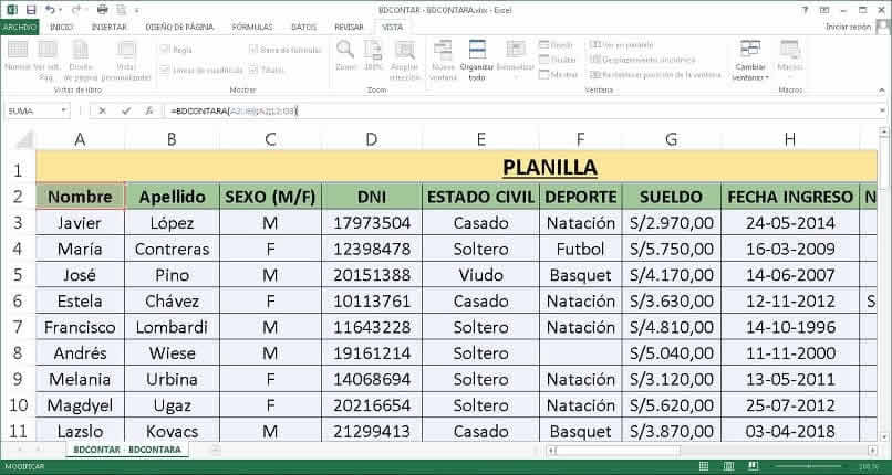 przykład funkcji programu Excel bdcontara