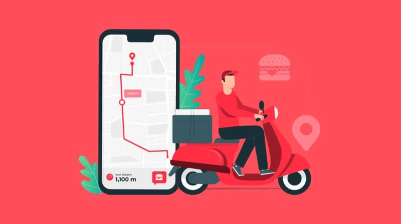 ilustracja mężczyzna na motocyklu i telefon komórkowy czerwonym tle