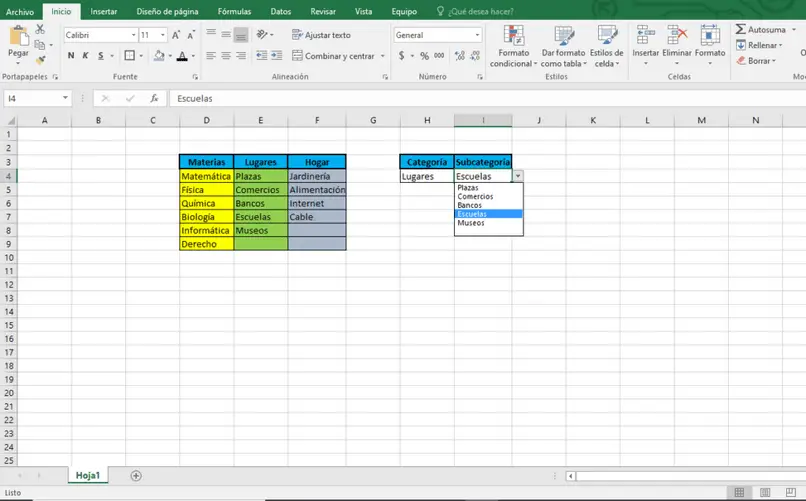 podkategorie listy programu Excel