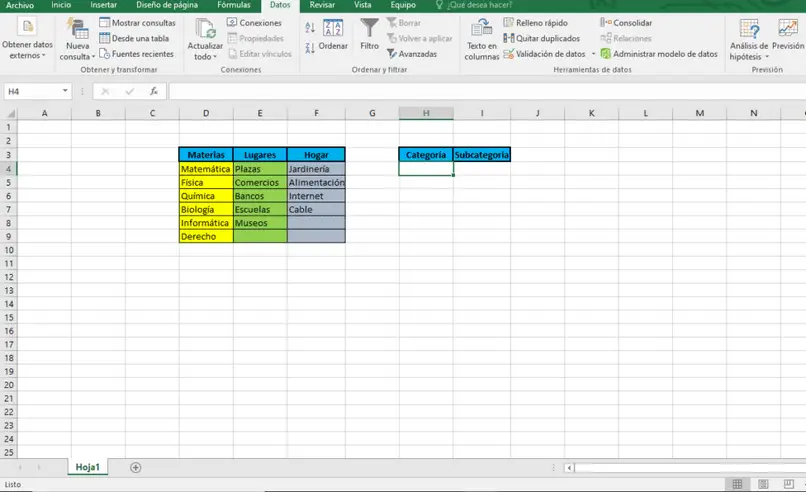 kategorie listy programu Excel