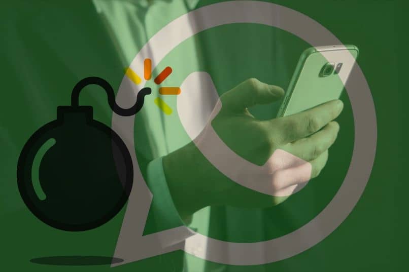 człowiek z telefonem i logo WhatsApp z bombą