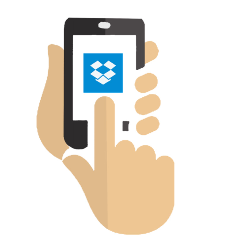 ilustracja przedstawiająca dłoń używającą Dropbox na telefonie komórkowym