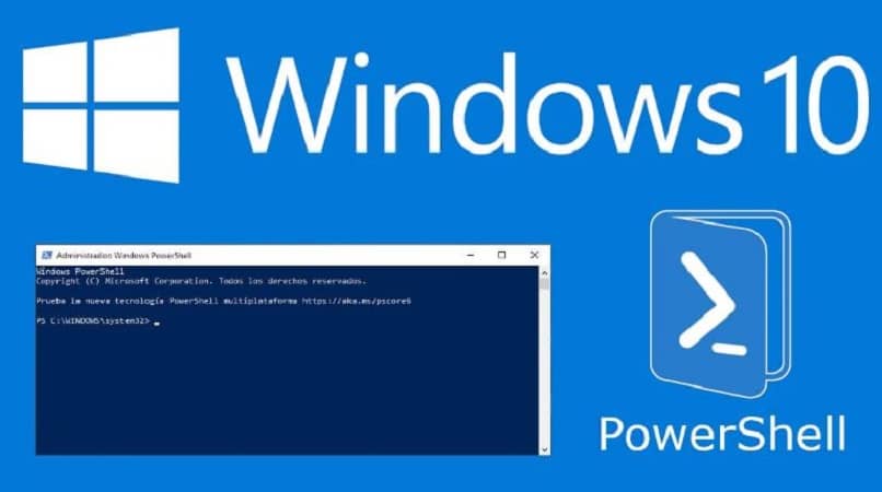 logo Windows i powershell na niebieskim tle