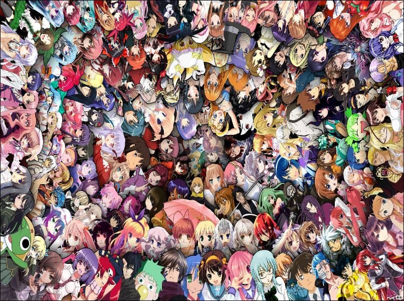 ilustracja kolorowe postacie z anime okrągłe ułożone w stos
